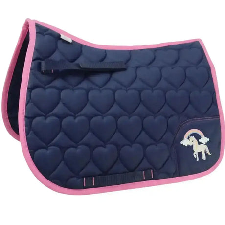 Navy blue little unicorn saddle pad by little rider with adorable heart-shaped quilting and magical unicorn design