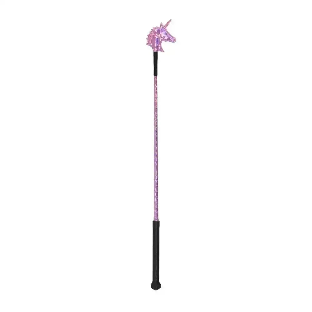 A pink glittery unicorn shimmer riding whip with a black handle and shaft by elico perfect for riding use