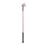 A pink glittery unicorn shimmer riding whip with a black handle and shaft by elico perfect for riding use