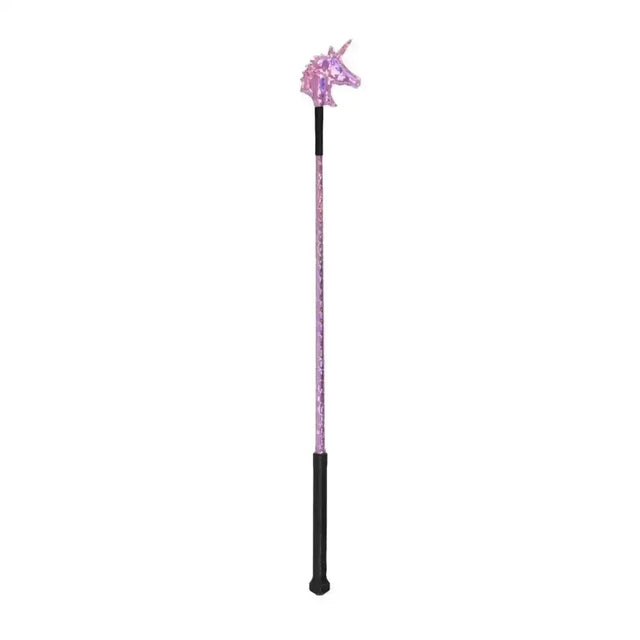 A pink glittery unicorn shimmer riding whip with a black handle and shaft by elico perfect for riding use