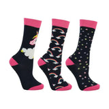 Set of three black little rider unicorn socks with pink trim showing cloud unicorn rainbow and pastel star sock features
