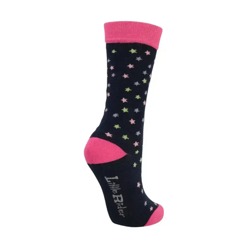 Black sock with pink cuff heel and toe featuring pastel star pattern in little unicorn rider unicorn socks pack of 3