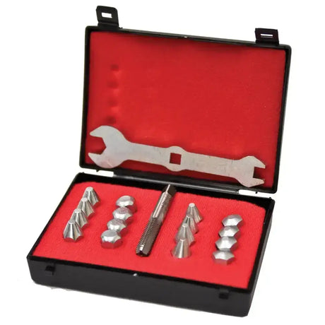 Silver metal socket wrench set with spanner and hex bits neatly arranged in black and red liveryman stud presentation box