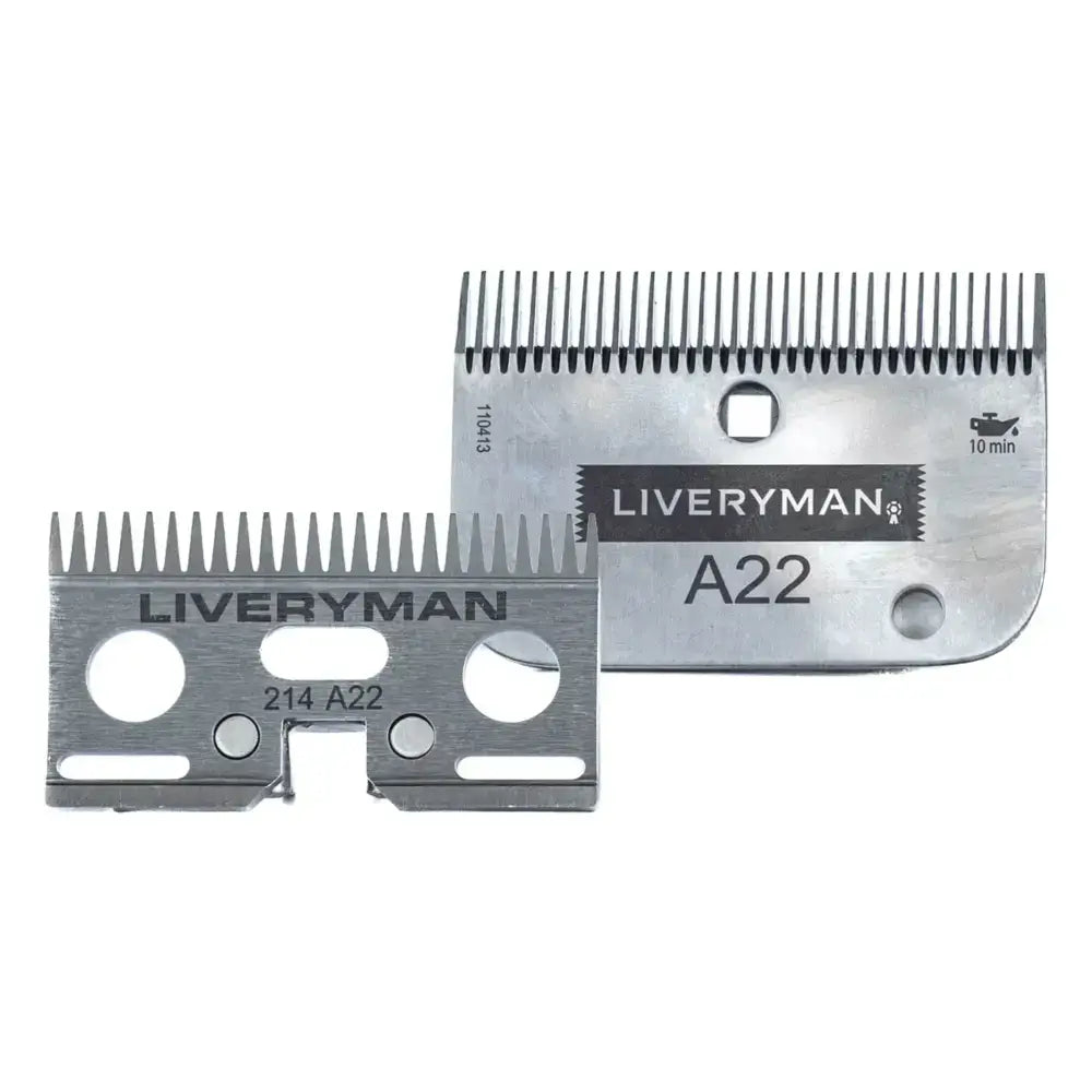 Silver metallic liveryman a22 clipper blade set with precise cutting teeth and engraved branding for sharp cuts