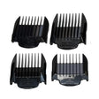 Set of four black plastic liveryman classic comb set attachments with varying teeth for electric clippers