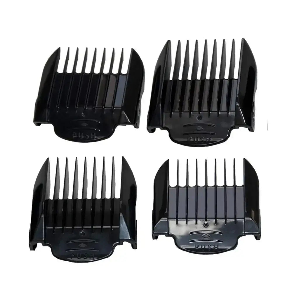 Set of four black plastic liveryman classic comb set attachments with varying teeth for electric clippers