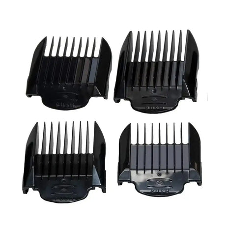 Set of four black plastic liveryman classic comb set attachments with varying teeth for electric clippers