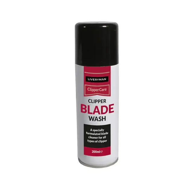 Liveryman clipper blade cleaner in a 200ml white aerosol can with black cap and red branding for clipper blades