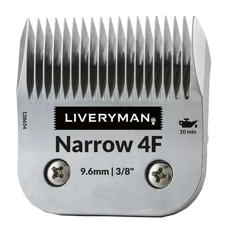 Silver metallic liveryman clipper blade comb labeled narrow 4f with 9.6mm cutting heights for precise grooming
