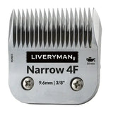 Silver metallic liveryman clipper blade comb labeled narrow 4f with 9.6mm cutting heights for precise grooming