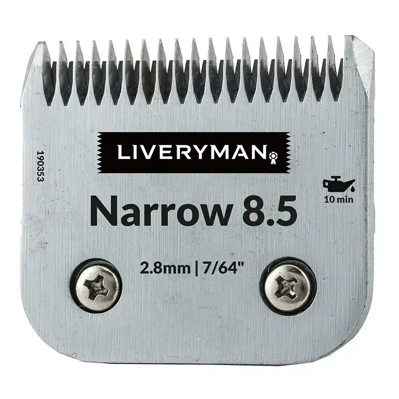Silver metallic liveryman clipper blade narrow 8.5 with black teeth and engraved cutting heights specifications