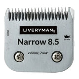 Silver metallic liveryman clipper blade narrow 8.5 with black teeth and engraved cutting heights specifications