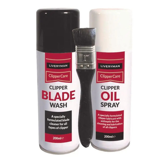 Two white spray cans with black caps and red labels flanking a black-handled brush liveryman clipper care kit