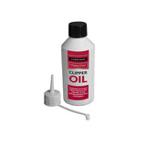 White plastic bottle of liveryman clipper oil clipper oil liquid with black cap red label and white applicator tip