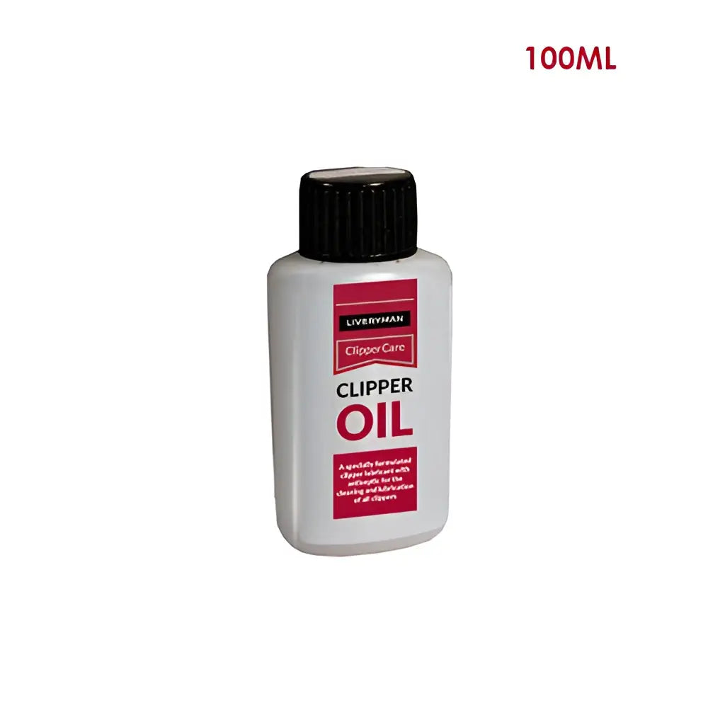 White plastic bottle with black cap and red label of liveryman clipper oil liquid 100ml for clipper maintenance