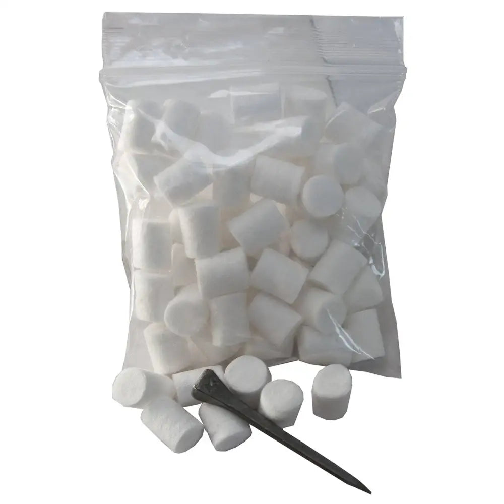 A clear bag with white cylindrical foam liveryman cotton stud plugs and a black metal tee setter tool for horse tack