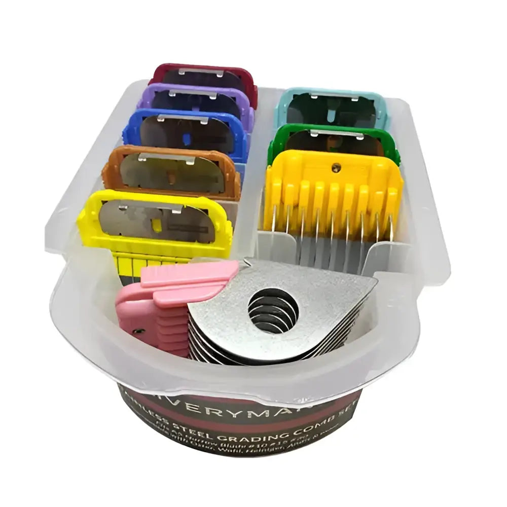 Colorful plastic and metal liveryman grading combs in clear case for dog grooming use