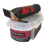 Red and black electric hair clipper with stainless steel liveryman grading combs in clear plastic dog grooming container