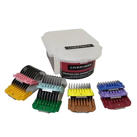 Set of colorful stainless steel liveryman grading combs in pink yellow green blue and purple for dog grooming