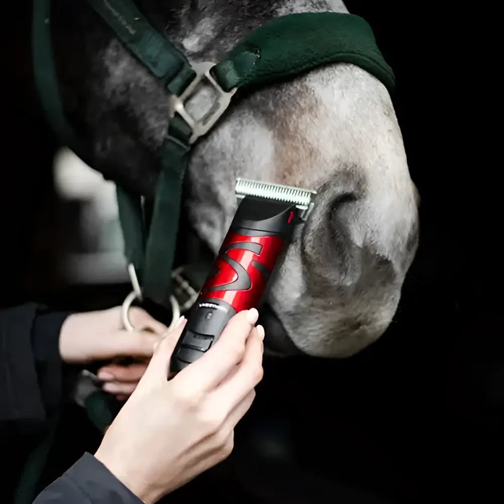 Red and black liveryman harmony plus battery horse clipper with powerful lithium-ion battery held near gray horse nose