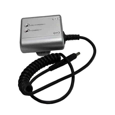 Silver liveryman harmony plus battery pack back with two labeled ports and coiled cable for powerful lithium-ion battery use