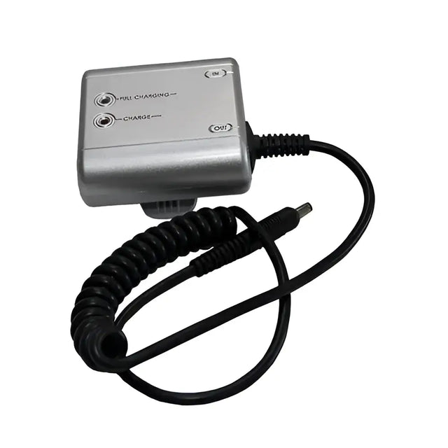 Silver liveryman harmony plus battery pack back with two labeled ports and coiled cable for powerful lithium-ion battery use
