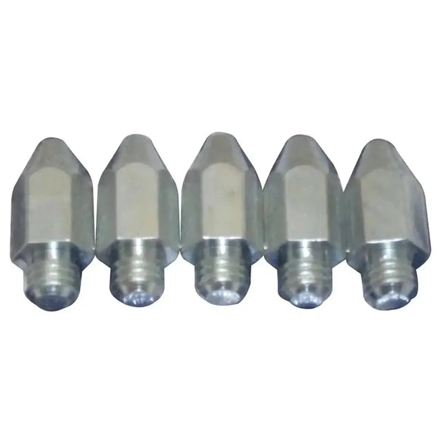 Five metallic liveryman large studs with hexagonal tips and threaded bases for horse tack accessories gaining extra grip