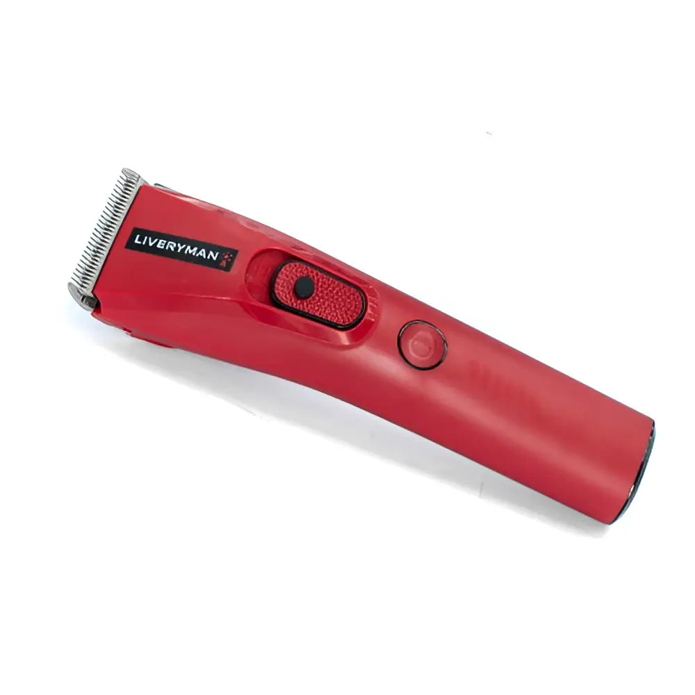 Red liveryman nova trimmer with sleek ergonomic design and metallic cutting blade for horse grooming use