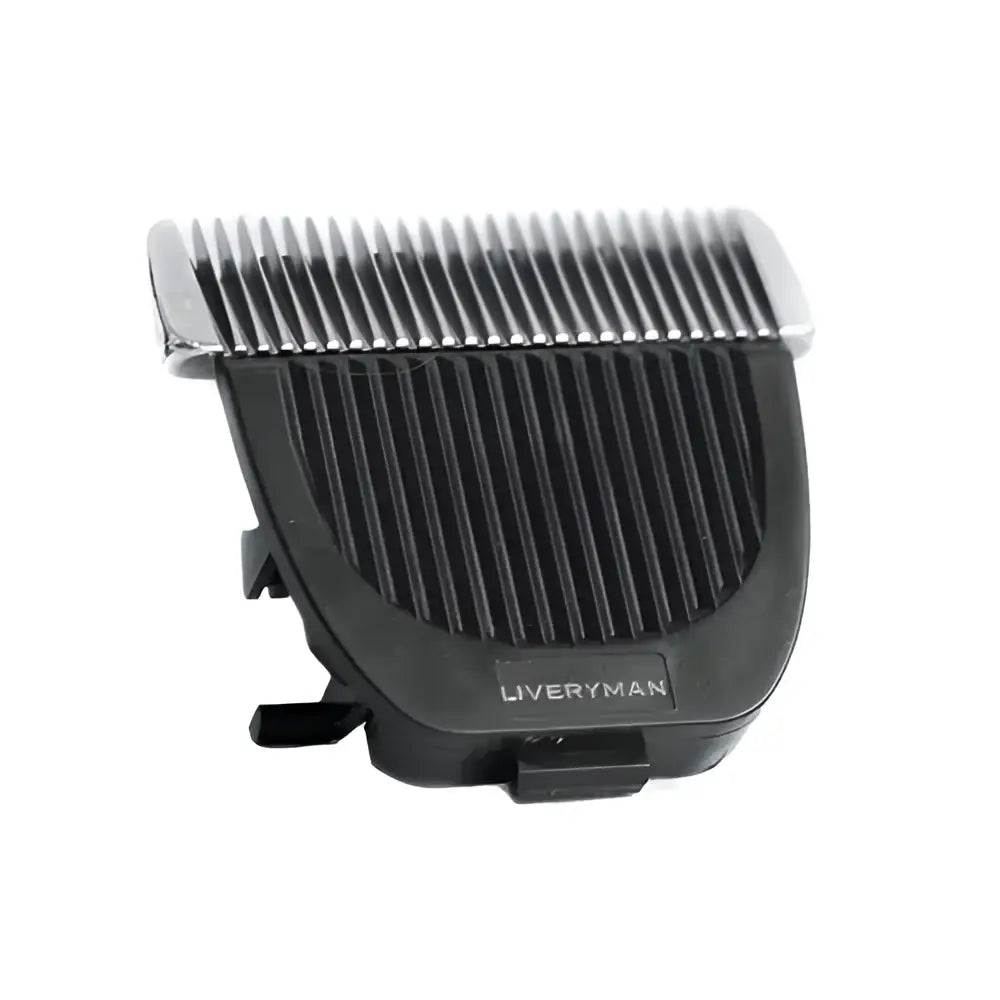 Black plastic liveryman nova trimmer blades with silver metal teeth designed for precise hair clipping use