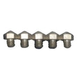 Five metallic liveryman road studs tips with hexagonal heads and threaded bases for horse tack accessories