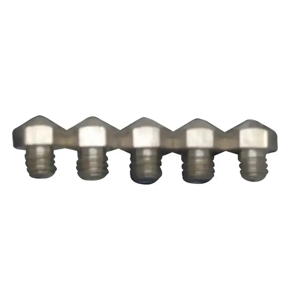 Five metallic liveryman road studs tips with hexagonal heads and threaded bases for horse tack accessories