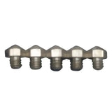Five metallic liveryman road studs tips with hexagonal heads and threaded bases for horse tack accessories