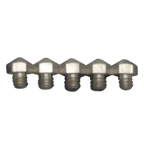 Five metallic liveryman road studs tips with hexagonal heads and threaded bases for horse tack accessories