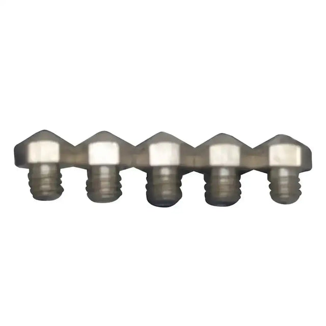 Five metallic liveryman road studs tips with hexagonal heads and threaded bases for horse tack accessories