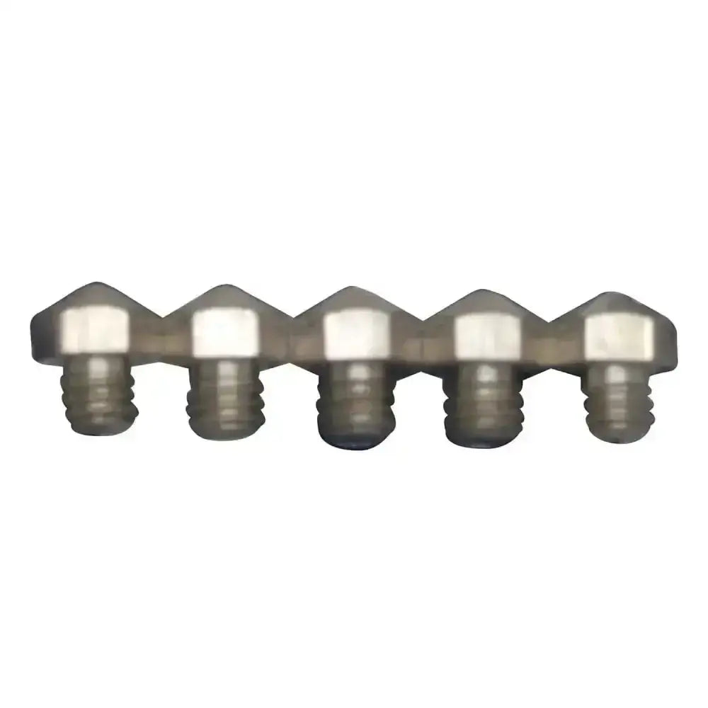 Set of five metallic liveryman road studs tips with hexagonal heads and threaded bases for horse tack accessories
