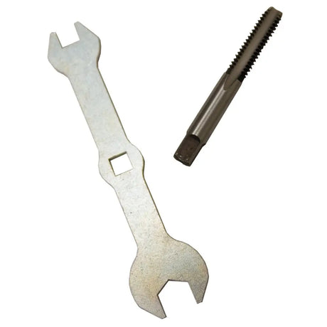 Silver metal liveryman stud tap with removable spanner featuring square hole and threaded tap tool for horse care
