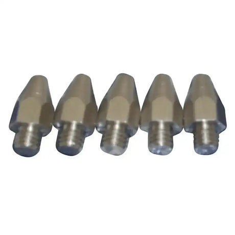 Five metallic liveryman studs pointed with hexagonal tips and threaded bases for secure fastening use