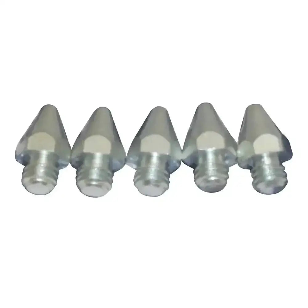Five metallic cone-shaped liveryman studs standard 3d printer nozzles with threaded bases for additional grip