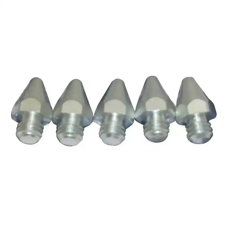 Five metallic cone-shaped liveryman studs standard 3d printer nozzles with threaded bases for additional grip