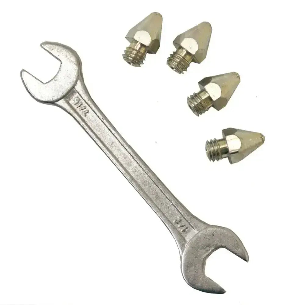 Silver 3/4 inch open-end wrench with four metallic extruder nozzles for liveryman studs standard tungsten tip use