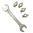 Silver 3/4 inch open-end wrench with four metallic printer extruder nozzles for liveryman studs standard tungsten tip