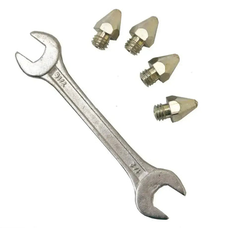 Silver 3/4 inch open-end wrench with four metallic printer extruder nozzles for liveryman studs standard tungsten tip