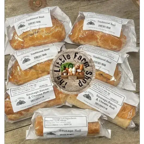 The little farm shop sausage roll from ljs pantry pasties wrapped in clear plastic with white label and barcode