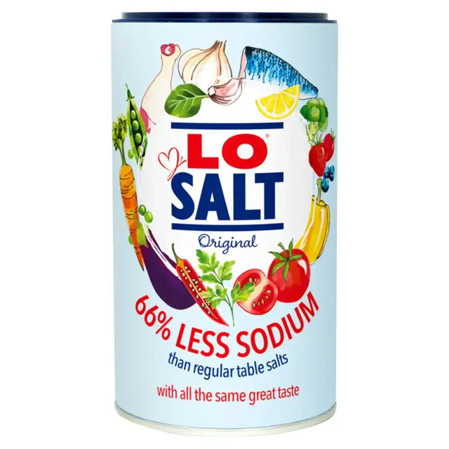 Light blue cylindrical container of lo salt original 350g with colorful vegetable illustration for equestrian use