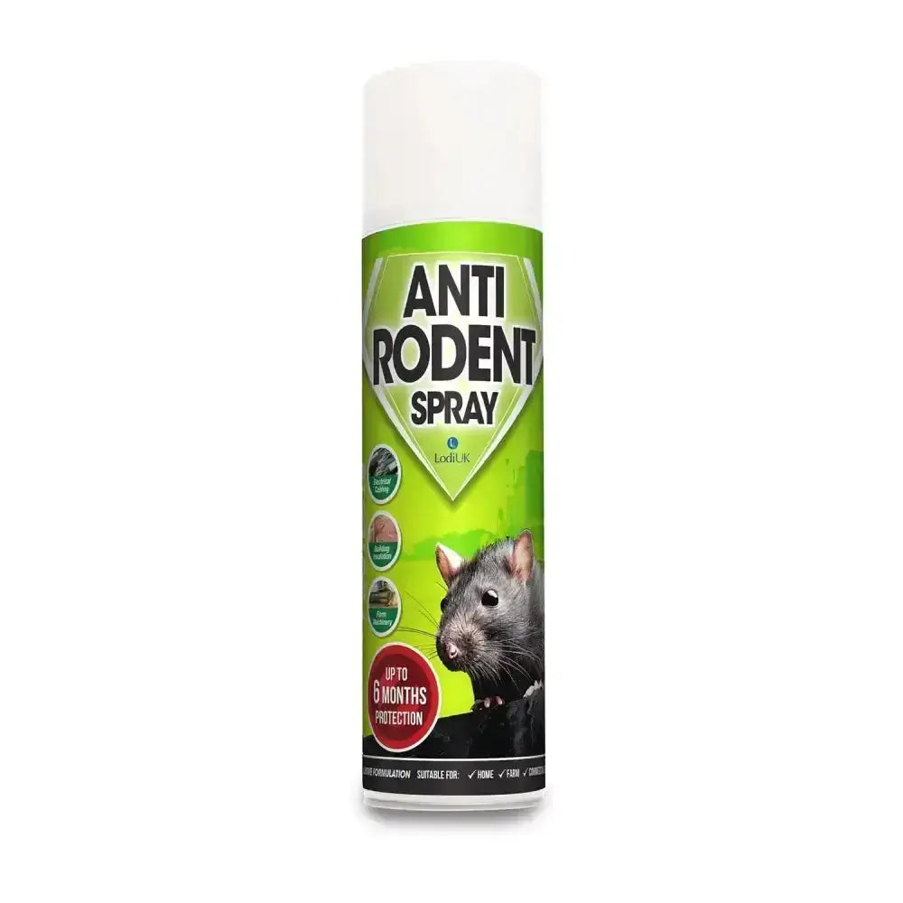 Green and white lodi anti rodent spray can with rat image designed to protect electrical cabling from rodents