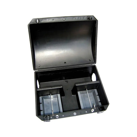 Black plastic lodi bora bait station with two compartments for organized click fast bait storage and management