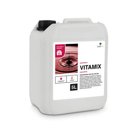 White 5l plastic jug of lodinvit vitamix naturally derived complementary feed in lodi defender poultry recharge