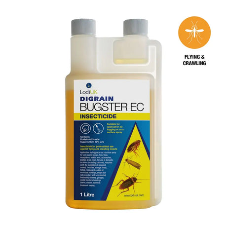 Lodi digrain bugster insecticide designed in a 1 litre clear plastic bottle with grey caps for cold fogging use