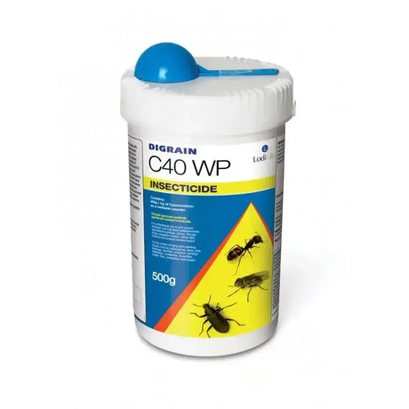 White plastic container with blue lid and measuring spoon labeled lodi digrain c40wp highly effective wettable powder insecticide