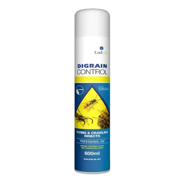 Lodi digrain control powerful insect spray can 600ml with white cap and blue yellow black wasp graphics fast knock residual action